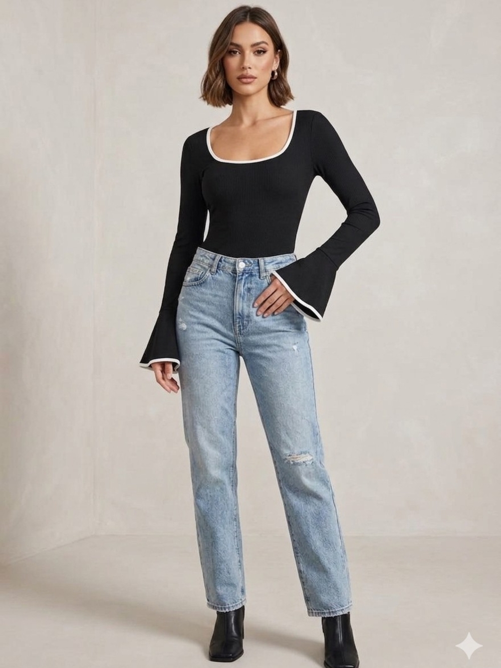 SHEIN Black Ribbed Top with White Trim